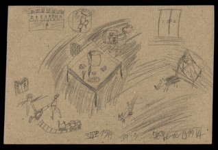 Vzpomínky na domov - Heinrich Brössler (1934 – přežil), nedatováno (1943-1944), tužka a akvarel na papíře, 14,7 x 21,1 cm, signováno vpravo dole: IIII B 21. 6. J. Brössler. Provenience: vytvořeno v hodinách kreslení organizovaných v letech 1943-1944 v terezínském ghettu malířkou a pedagožkou Friedl Dicker-Brandeis (1898-1944); ve sbírkách Židovského muzea v Praze od roku 1945 ŽMP inv. č. 131.442