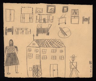 Kresebná cvičení - Emilie Straková (1934 - přežila), nedatováno (1943-1944), tužka na papíře, 17,5 x 20,6 cm, signováno recto vpravo nahoře: C III 104, Emilie Straka, 7. ph. 9 ro[ků]. Provenience: vytvořeno v hodinách kreslení organizovaných v letech 1943-1944 v terezínském ghettu malířkou a pedagožkou Friedl Dicker-Brandeis (1898-1944); ve sbírkách Židovského muzea v Praze od roku 1945 ŽMP inv. č. 163.061r / 163.061v