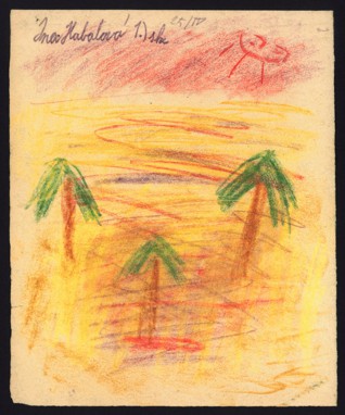 Oasis/By a swimming pool - Jindřiška (Ina) Habalová (1932 – survived), Dated: 25. 4. 1944, Pastel on paper, 21,5 x 17,2 cm, Signed UL: Ina Habalová 1. sk. Provenance: Created during the drawing classes in the Terezín Ghetto organized between 1943 and 1944 by the painter and teacher Friedl Dicker-Brandeis (1898–1944); in the Jewish Museum in Prague’s collection since 1945. Acc. No. JMP 131.432r/131.432v