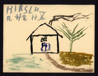 House in a landscape - Robert Hirsch (1933-1944), Undated (1943-1944), Watercolor on paper, 20,7 x 27,7 cm, Signed UL: Hirsch R.  H 2 H X. Provenance: Created during the drawing classes in the Terezín Ghetto organized between 1943 and 1944 by the painter and teacher Friedl Dicker-Brandeis (1898–1944); in the Jewish Museum in Prague’s collection since 1945. Acc. No. JMP 131.452