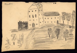 House in a landscape - Hanuš Klauber (1932-1944), Undated (1943-1944), Watercolor on paper, 21 x 32 cm, Signed UL: Klauber. Provenance: Created during the drawing classes in the Terezín Ghetto organized between 1943 and 1944 by the painter and teacher Friedl Dicker-Brandeis (1898–1944); in the Jewish Museum in Prague’s collection since 1945. Acc. No. JMP 131.725