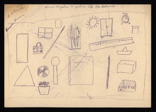 Sketches of objects/Hand relaxation exercise - Hana Erika Karplusová (1930-1944), Undated (1943-1944), Graphite on paper, 20,5 x 32,5 cm, Signed UM: Hana Karplus, 13 Jahre, C III 104, 1. Stunde. Provenance: Created during the drawing classes in the Terezín Ghetto organized between 1943 and 1944 by the painter and teacher Friedl Dicker-Brandeis (1898–1944); in the Jewish Museum in Prague’s collection since 1945. Acc. No. JMP 163.056r/163.056v