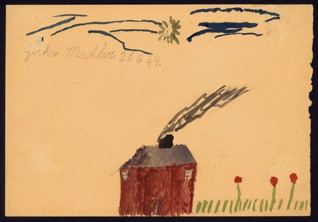 House/Interior - Jiří Mahler (1935-1944), Dated: 21. 6. 1944, Watercolor on paper, 14,7 x 21,2 cm, Signed on the recto and verso UL: Jirka Mahler 21. 6. 1944. Provenance: Created during the drawing classes in the Terezín Ghetto organized between 1943 and 1944 by the painter and teacher Friedl Dicker-Brandeis (1898–1944); in the Jewish Museum in Prague’s collection since 1945. Acc. No. JMP 131.405r/131.405v